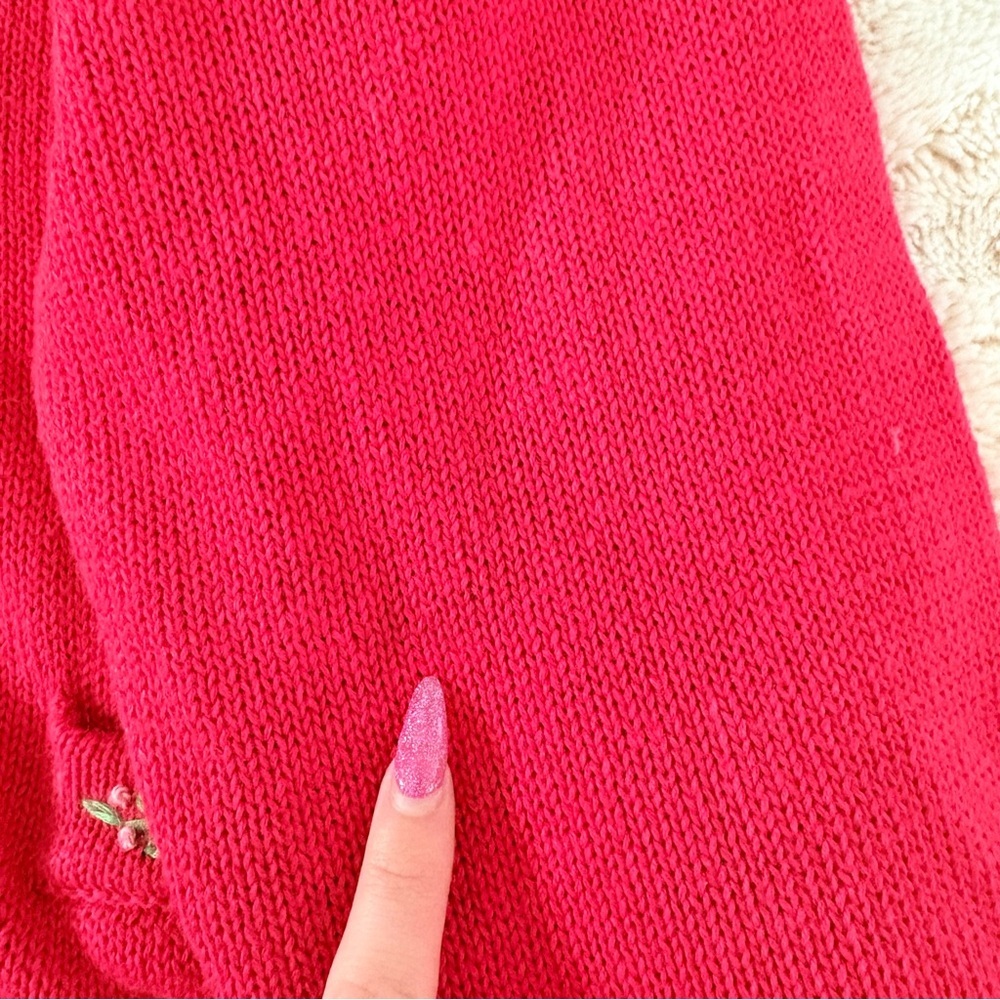 Red Floral Cardigan | Cottagecore Embroidery Ramie Cotton Knit Grandma Core - Picture 6 of 12